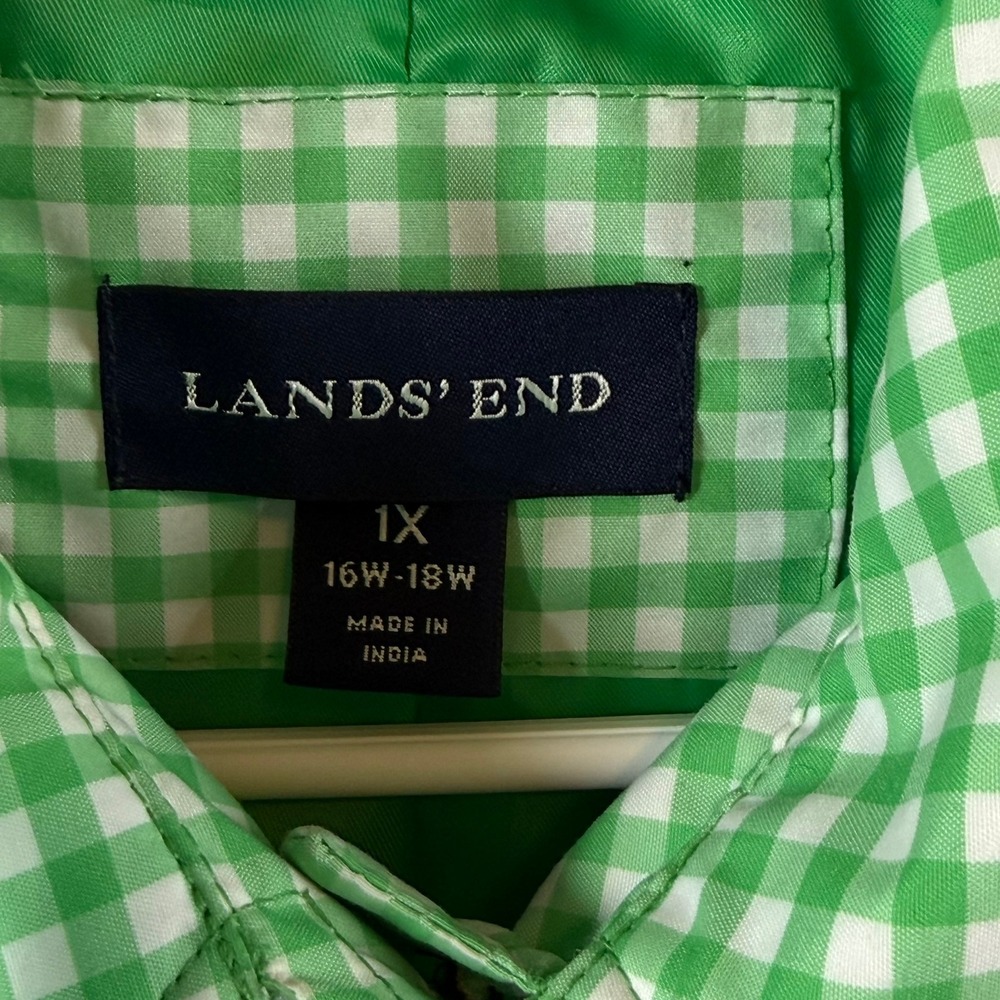 Lands End Green Gingham Hooded Raincoat Trench Belted Plus Size 1X 16W-18W - Picture 4 of 16